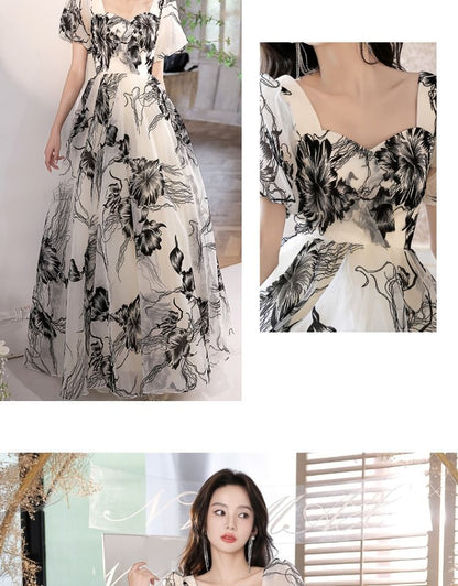 Short-Sleeve V-Neck Floral A-Line Evening Gown SpreePicky