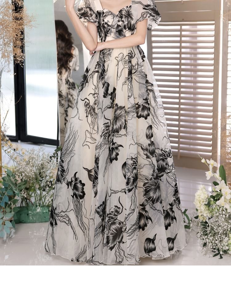 Short-Sleeve V-Neck Floral A-Line Evening Gown SpreePicky