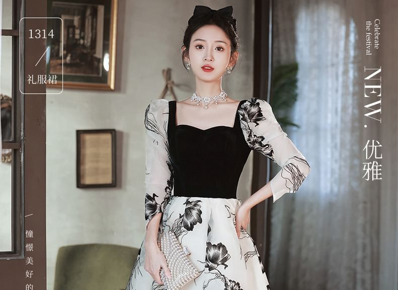 Long-Sleeve Square Neck Floral A-Line Evening Gown SpreePicky