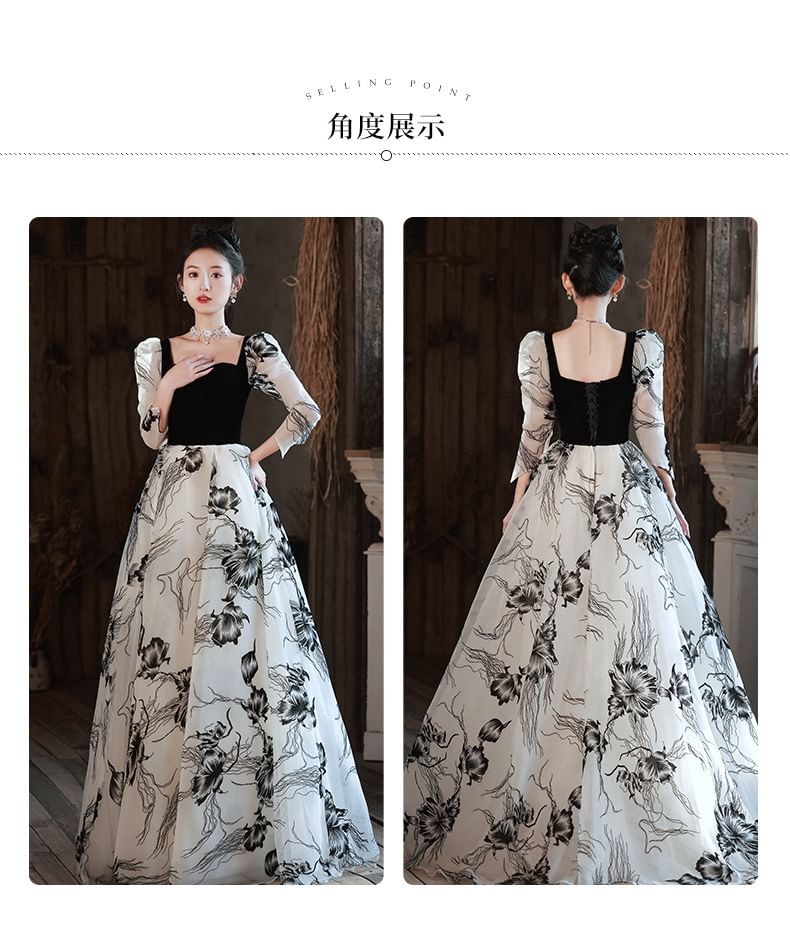 Long-Sleeve Square Neck Floral A-Line Evening Gown SpreePicky