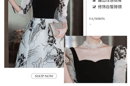 Long-Sleeve Square Neck Floral A-Line Evening Gown SpreePicky