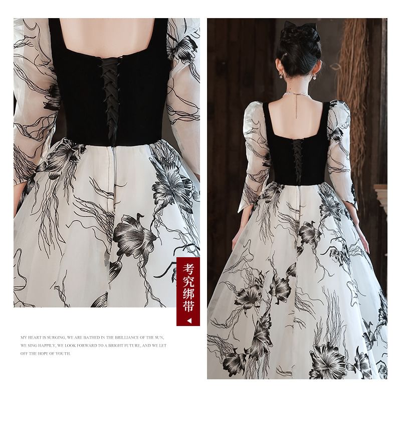 Long-Sleeve Square Neck Floral A-Line Evening Gown SpreePicky