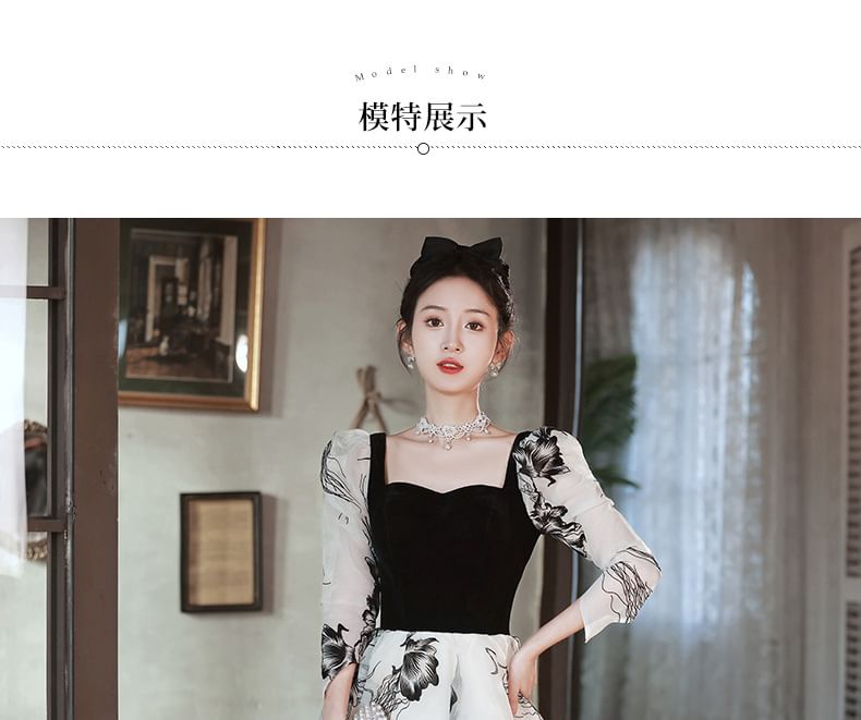 Long-Sleeve Square Neck Floral A-Line Evening Gown SpreePicky