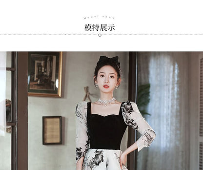 Long-Sleeve Square Neck Floral A-Line Evening Gown SpreePicky