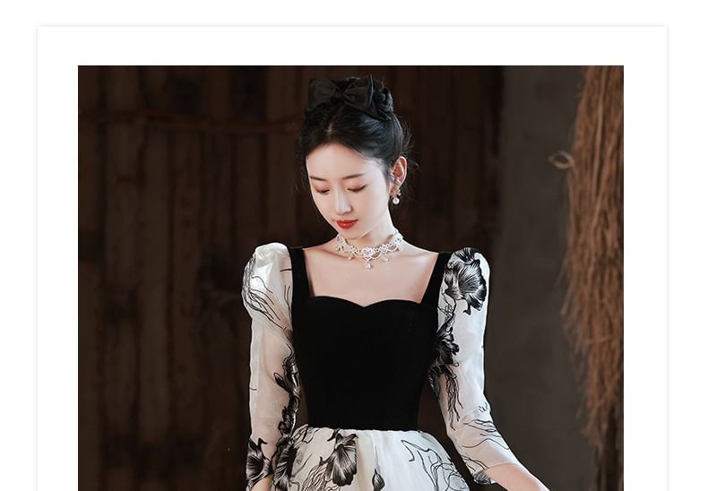 Long-Sleeve Square Neck Floral A-Line Evening Gown SpreePicky