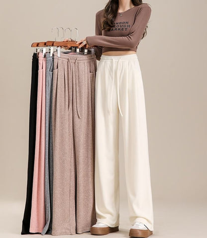 High Waist Plain Drawstring Drape Wide Leg Sweatpants SpreePicky