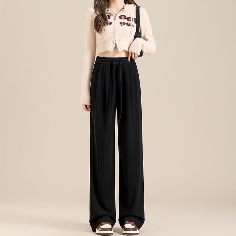 High Waist Plain Drawstring Drape Wide Leg Sweatpants SpreePicky