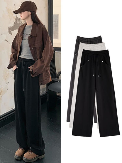 Stud Applique Plain High Rise Drawstring Wide Leg Sweatpants SpreePicky