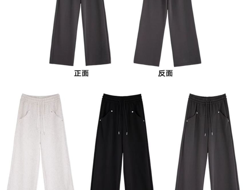 Stud Applique Plain High Rise Drawstring Wide Leg Sweatpants SpreePicky