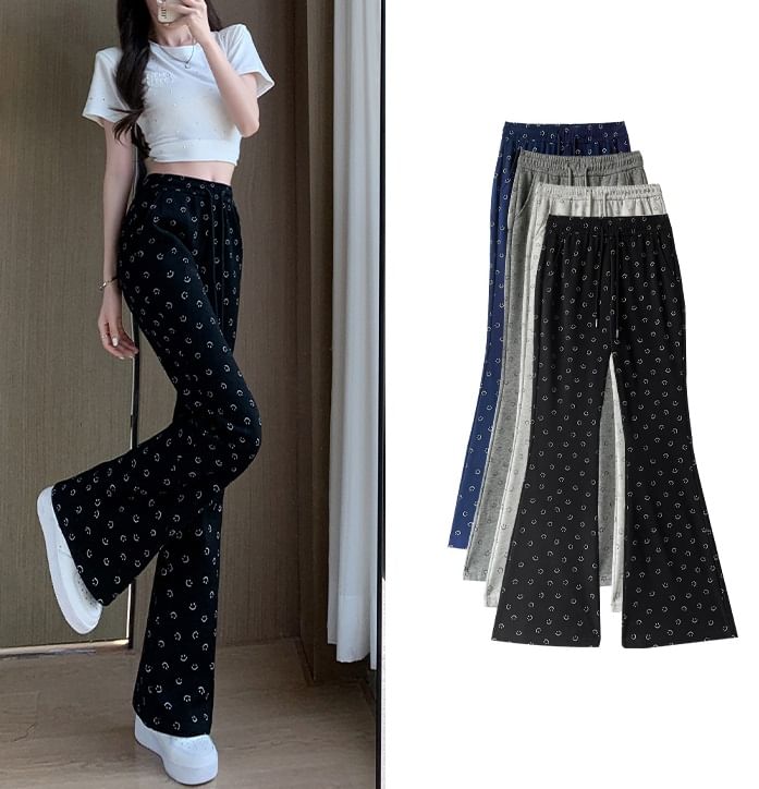 Smiley Print High Waist Drawstring Sheath Flare Sweatpants SpreePicky