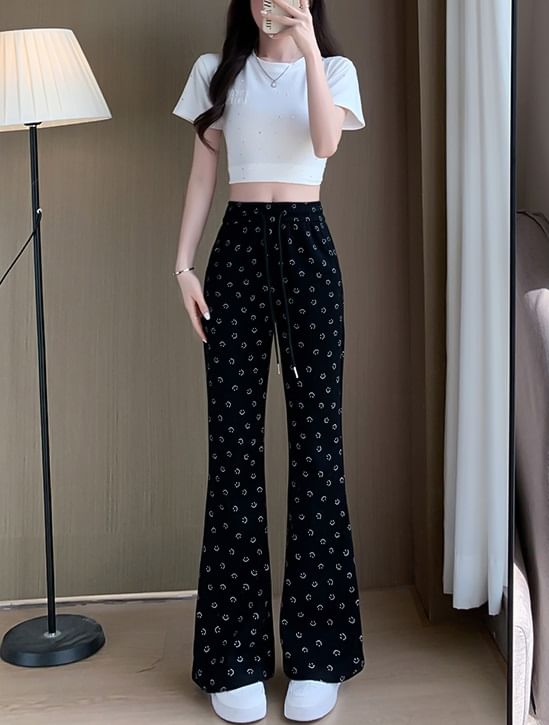 Smiley Print High Waist Drawstring Sheath Flare Sweatpants SpreePicky