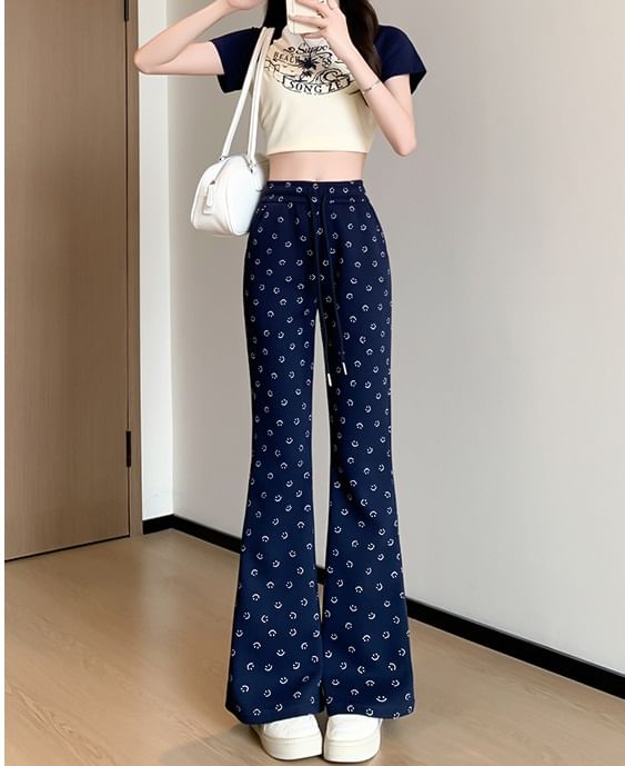 Smiley Print High Waist Drawstring Sheath Flare Sweatpants SpreePicky