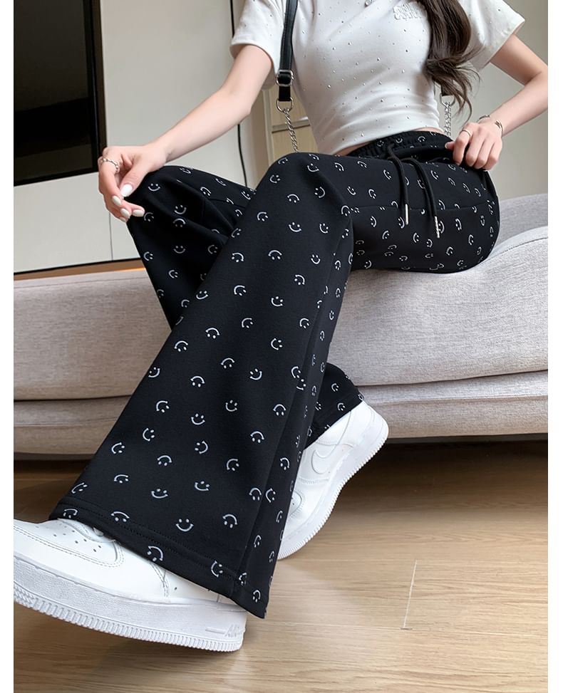 Smiley Print High Waist Drawstring Sheath Flare Sweatpants SpreePicky