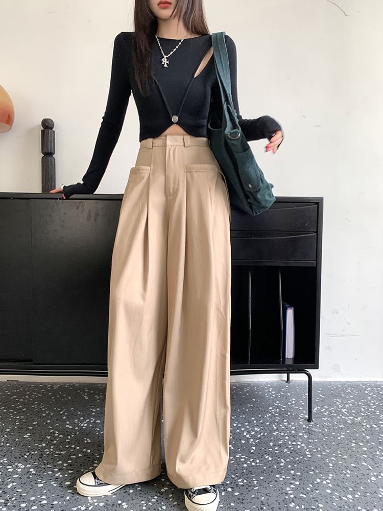 Plain Leg Pants Pleated High Suit Rise Wide FashionChic