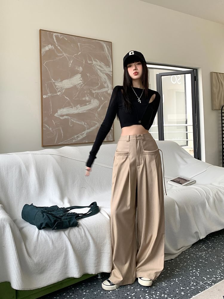 Plain Leg Pants Pleated High Suit Rise Wide FashionChic