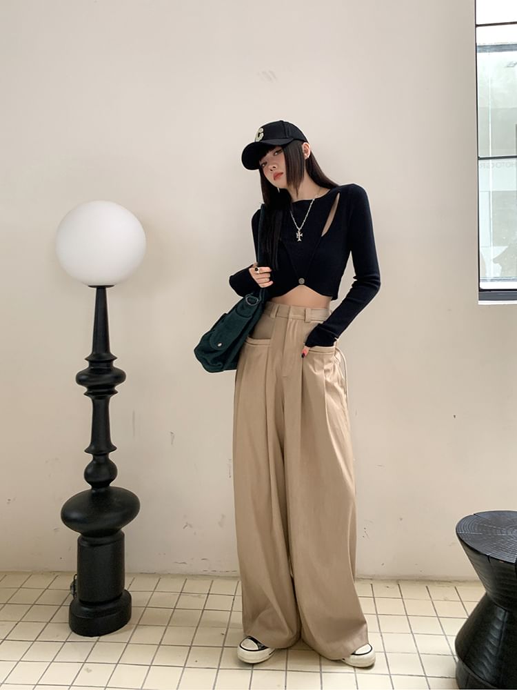 Plain Leg Pants Pleated High Suit Rise Wide FashionChic