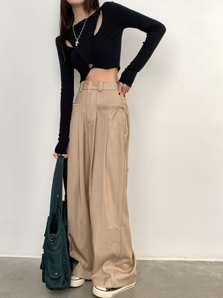 Plain Leg Pants Pleated High Suit Rise Wide FashionChic