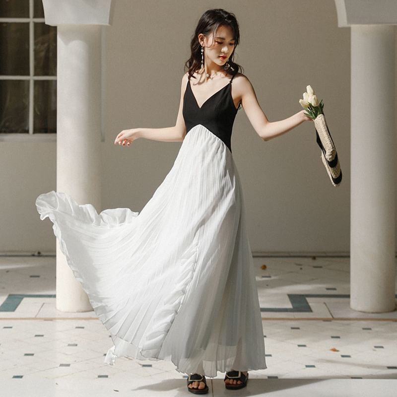 Spaghetti Strap V-Neck Two Tone Accordion Pleated Backless Panel Maxi A-Line Dress SpreePicky