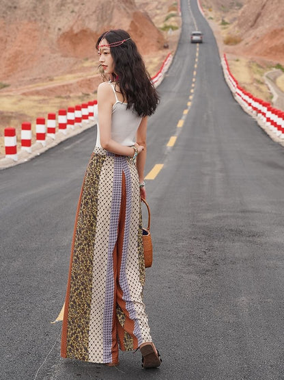 High Waist Patterned Print Slit Tie-Up Wide Leg Pants SpreePicky