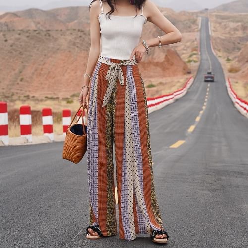 High Waist Patterned Print Slit Tie-Up Wide Leg Pants SpreePicky