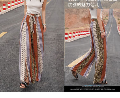 High Waist Patterned Print Slit Tie-Up Wide Leg Pants SpreePicky