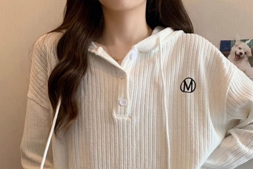 Long-Sleeve Letter Embroidered Hooded Ribbed Tee SpreePicky