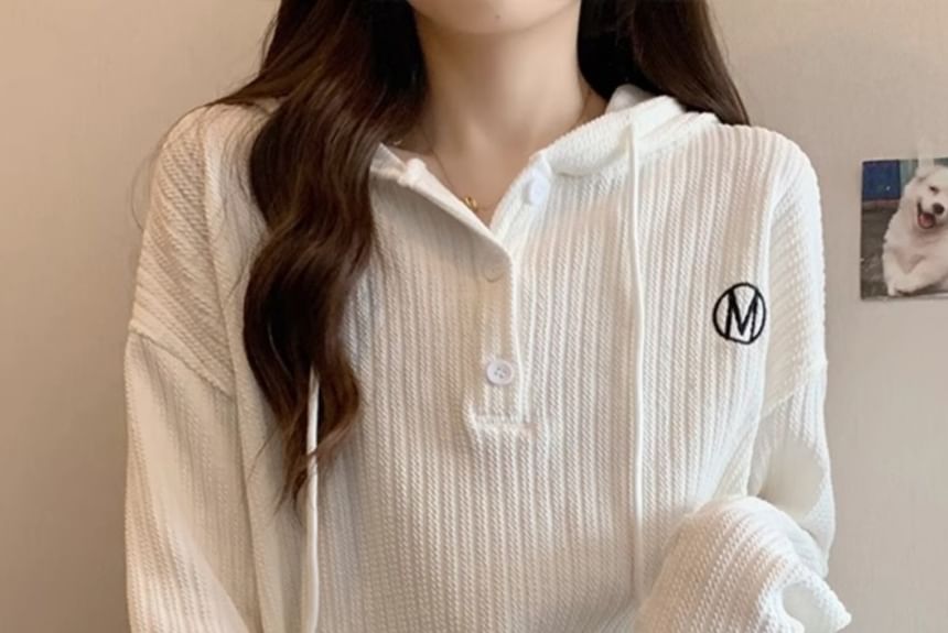 Long-Sleeve Letter Embroidered Hooded Ribbed Tee SpreePicky