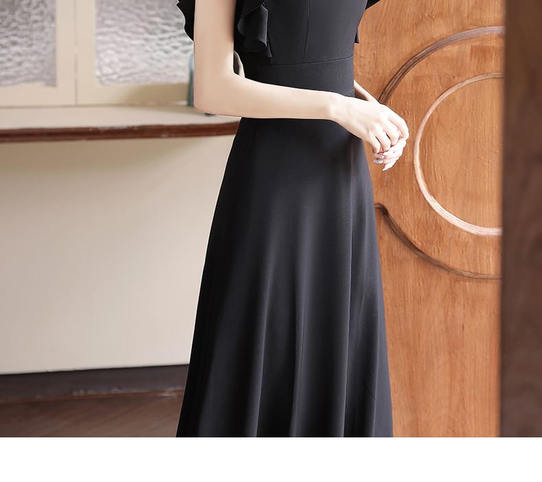 Cap-Sleeve Square Neck Plain Faux Pearl Maxi A-Line Evening Dress SpreePicky