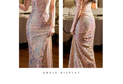 Sleeveless Halter Sequin Mermaid Evening Gown SpreePicky