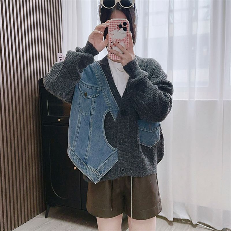 V-Neck Denim Panel Cardigan SpreePicky