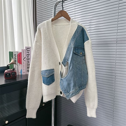 V-Neck Denim Panel Cardigan SpreePicky