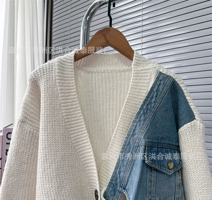 V-Neck Denim Panel Cardigan SpreePicky