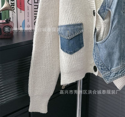 V-Neck Denim Panel Cardigan SpreePicky