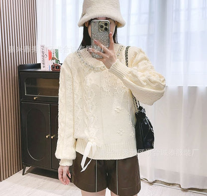 Round Neck Ribbon Faux Pearl Sweater SpreePicky