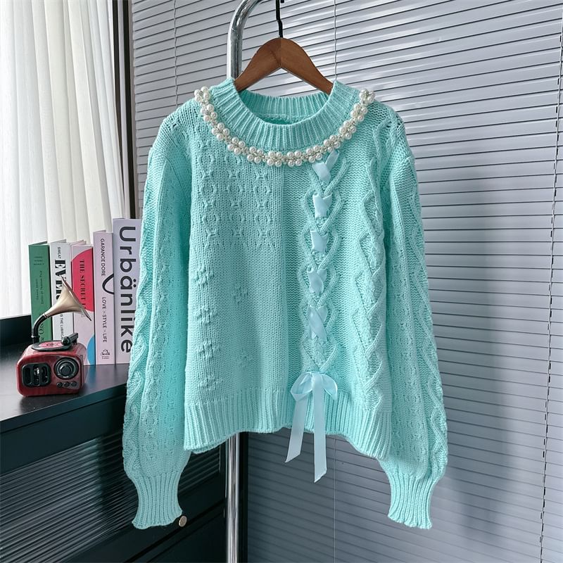 Round Neck Ribbon Faux Pearl Sweater SpreePicky