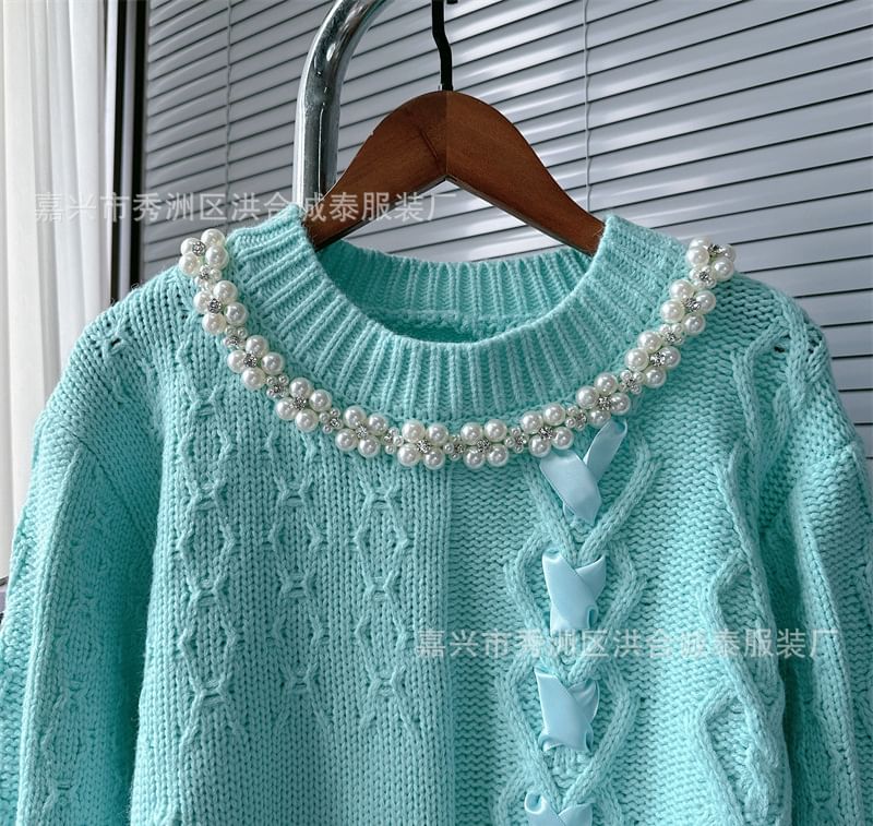 Round Neck Ribbon Faux Pearl Sweater SpreePicky