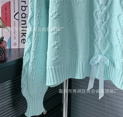 Round Neck Ribbon Faux Pearl Sweater SpreePicky