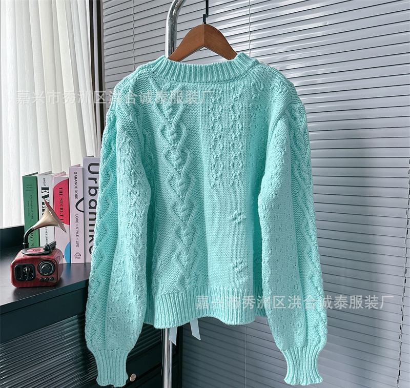 Round Neck Ribbon Faux Pearl Sweater SpreePicky