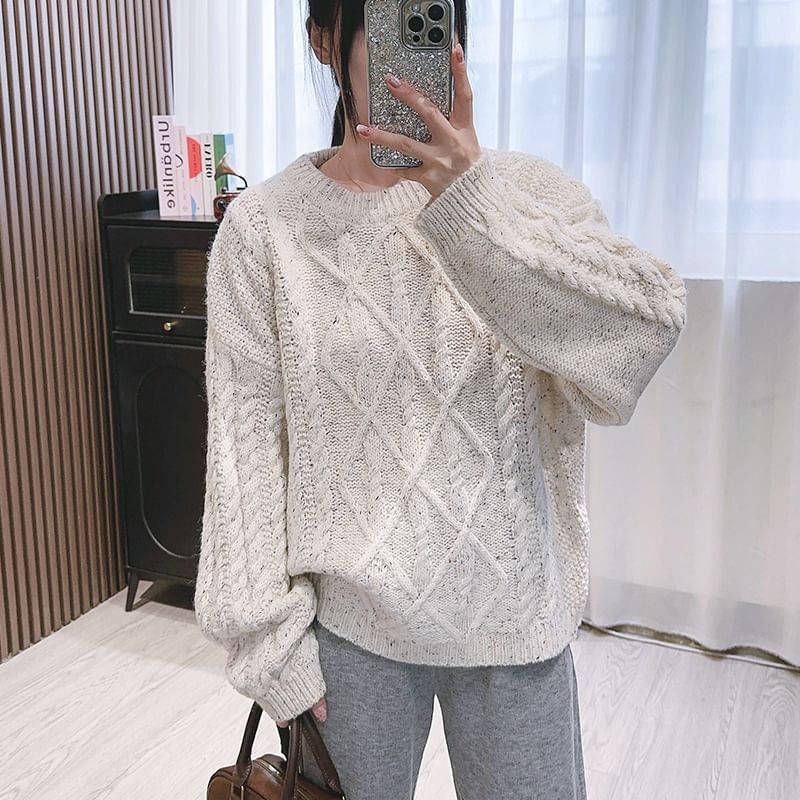 Crew Neck Cable Knit Sweater SpreePicky