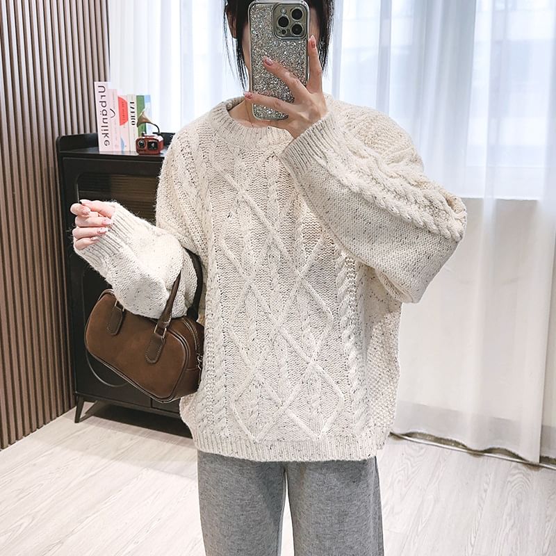 Crew Neck Cable Knit Sweater SpreePicky