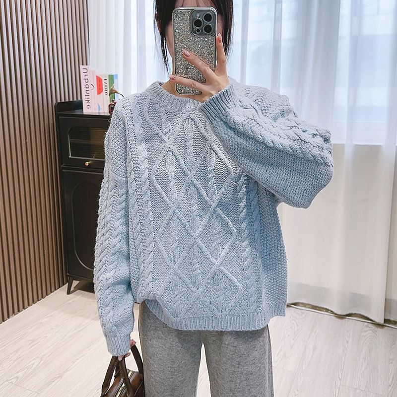 Crew Neck Cable Knit Sweater SpreePicky