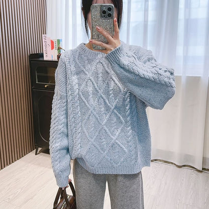 Crew Neck Cable Knit Sweater SpreePicky