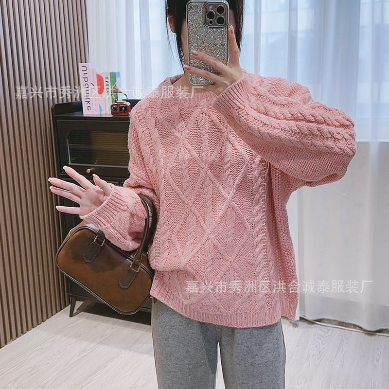 Crew Neck Cable Knit Sweater SpreePicky