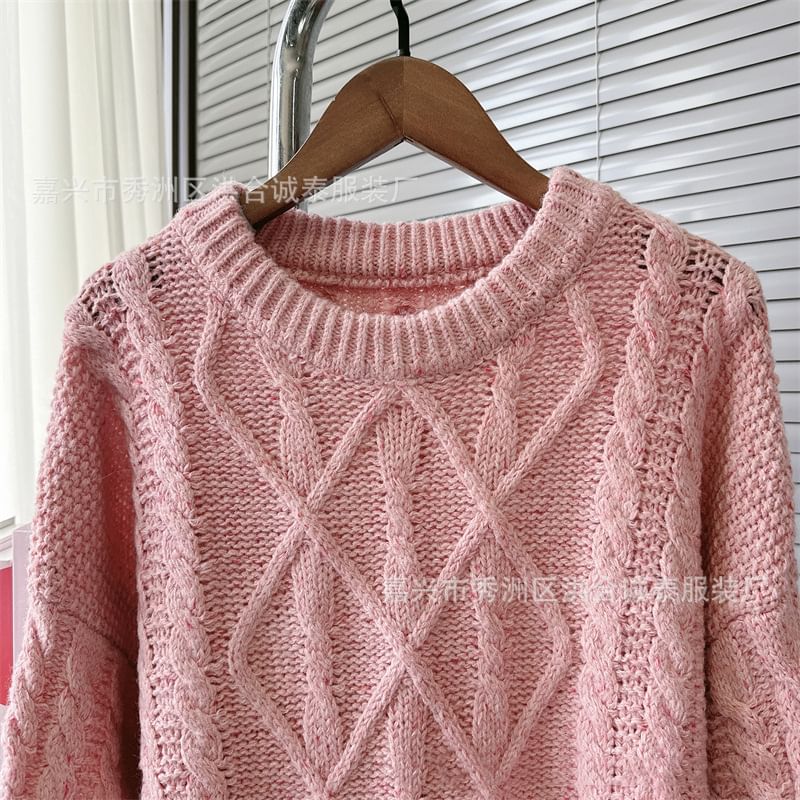 Crew Neck Cable Knit Sweater SpreePicky