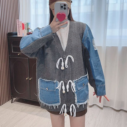 V-Neck Fringed Denim Panel Cardigan SpreePicky