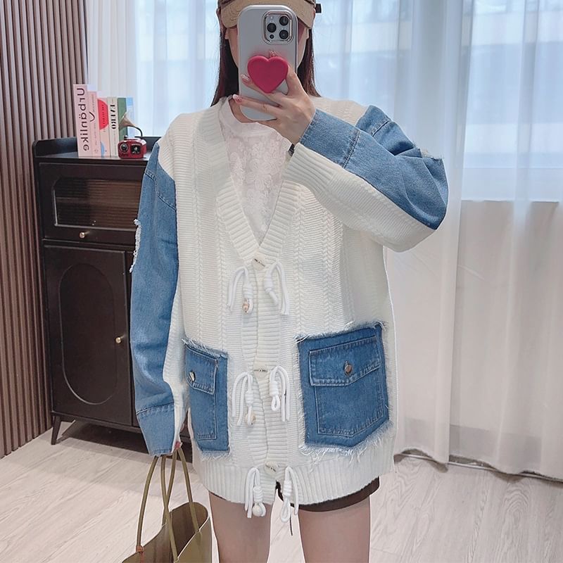 V-Neck Fringed Denim Panel Cardigan SpreePicky