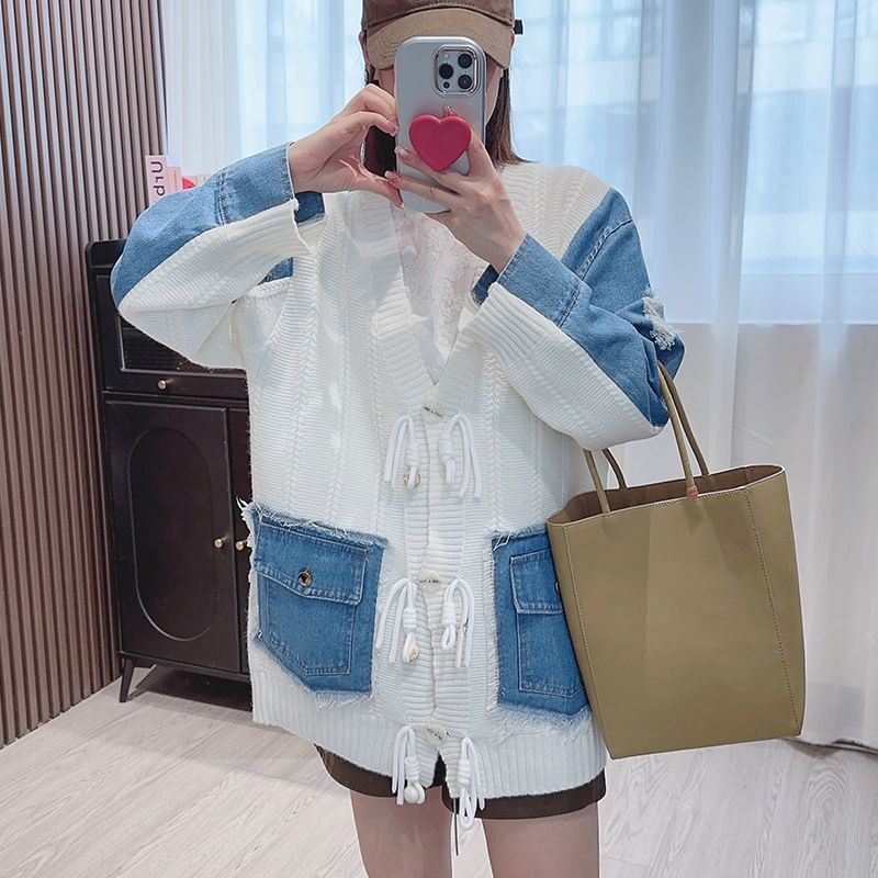 V-Neck Fringed Denim Panel Cardigan SpreePicky