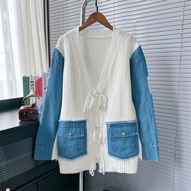 V-Neck Fringed Denim Panel Cardigan SpreePicky