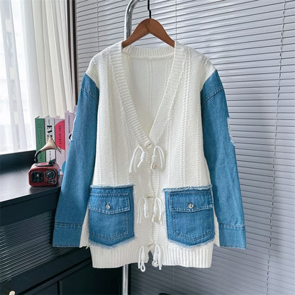 V-Neck Fringed Denim Panel Cardigan SpreePicky