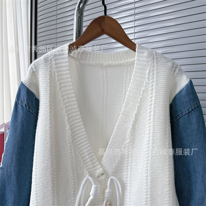 V-Neck Fringed Denim Panel Cardigan SpreePicky